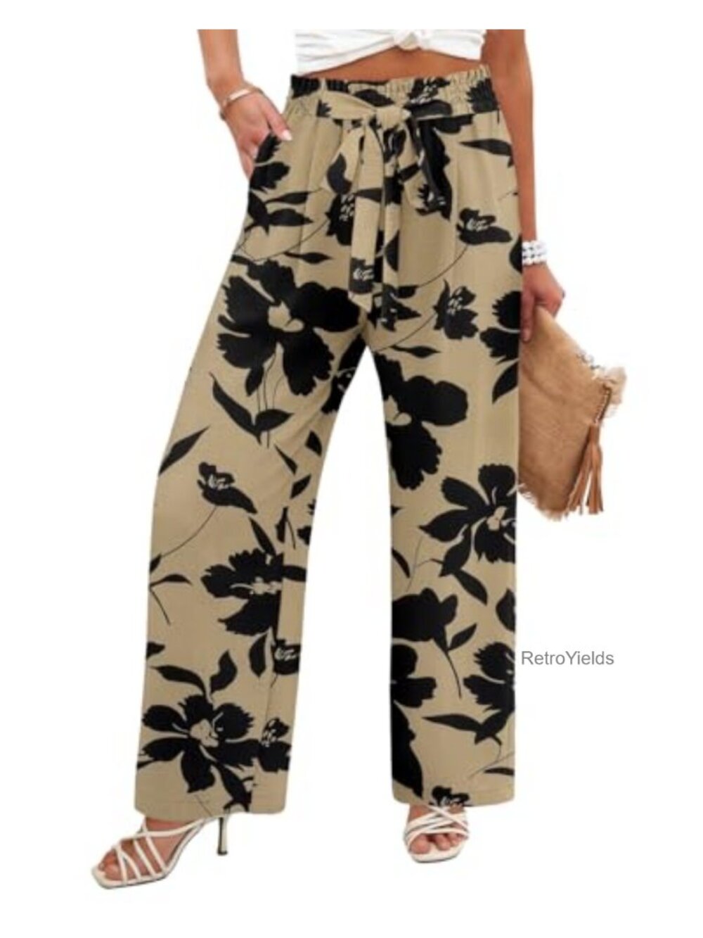 Wide Leg Pants High Waist Adjustable Knot Flowy Trousers with Pockets